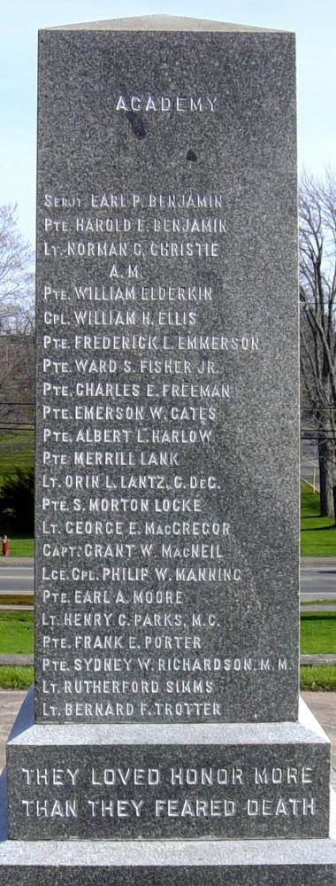 Acadia University WW1 memorial, north face