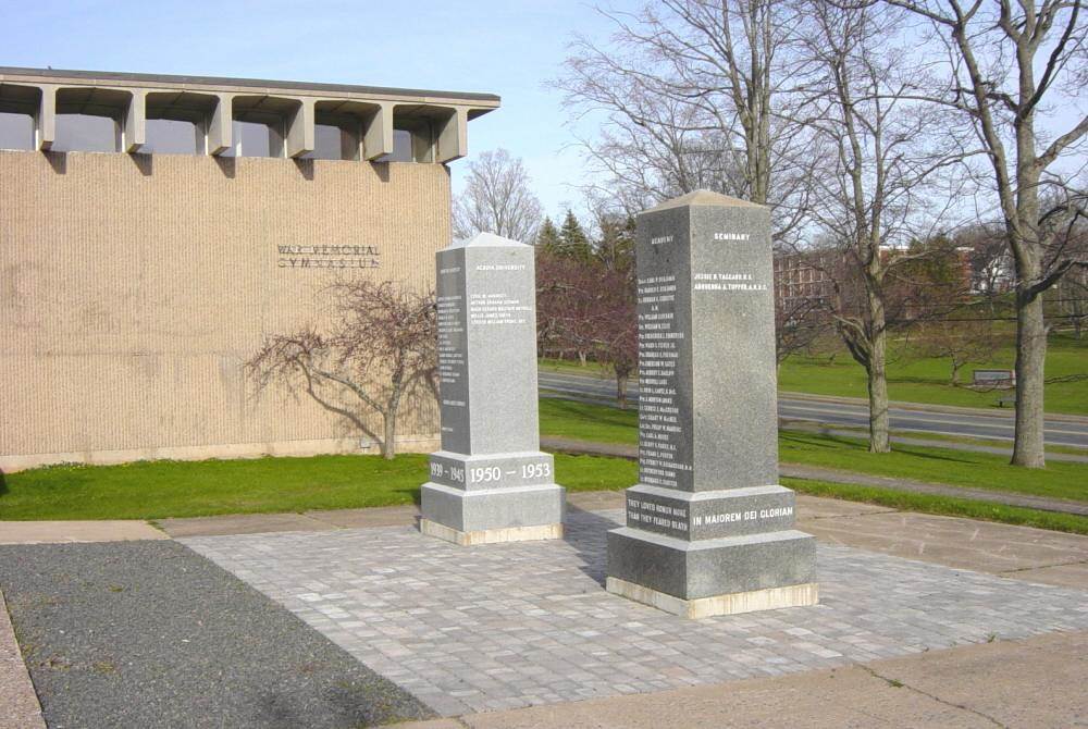 Two memorial monuments at War Memorial gymnasium, Acadia University, Wolfville, Nova Scotia