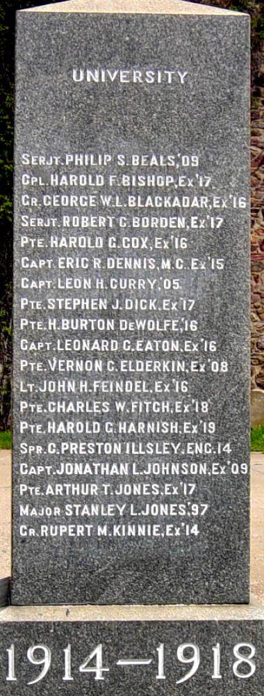 Acadia University WW1 memorial, south face