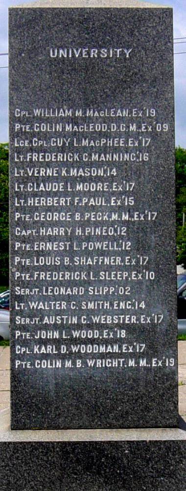 Acadia University WW1 memorial, east face