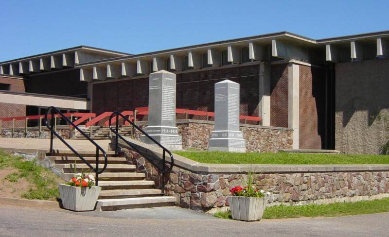 Two memorial monuments at War Memorial gymnasium, Acadia University, Wolfville, Nova Scotia