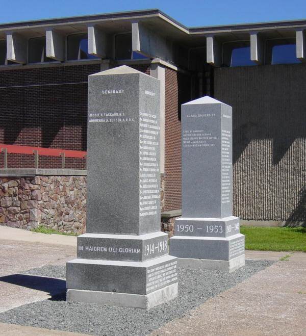 Two memorial monuments at War Memorial gymnasium, Acadia University, Wolfville, Nova Scotia