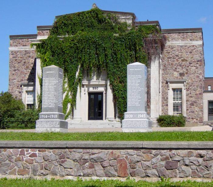 Two memorial monuments at War Memorial gymnasium, Acadia University, Wolfville, Nova Scotia