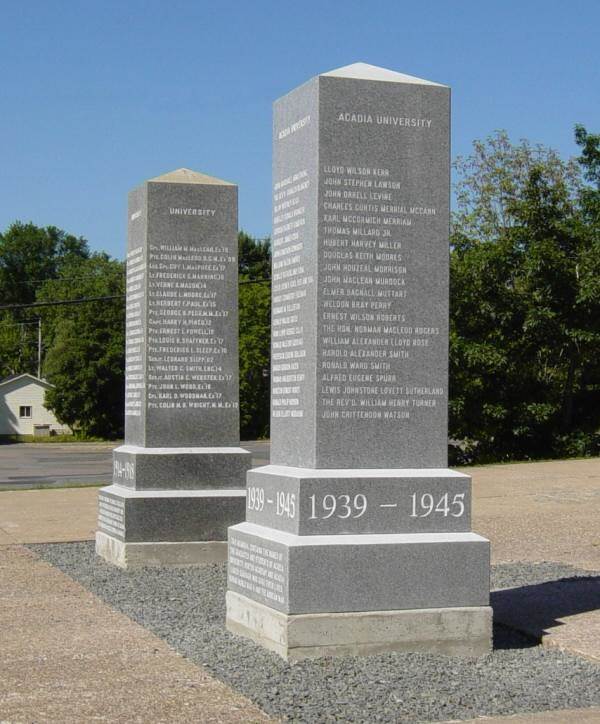 Two memorial monuments at War Memorial gymnasium, Acadia University, Wolfville, Nova Scotia