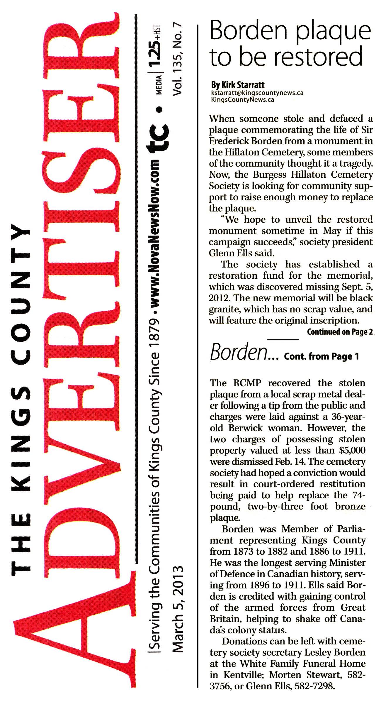 Borden plaque to be restored, Kings County Advertiser, 5 March 2013