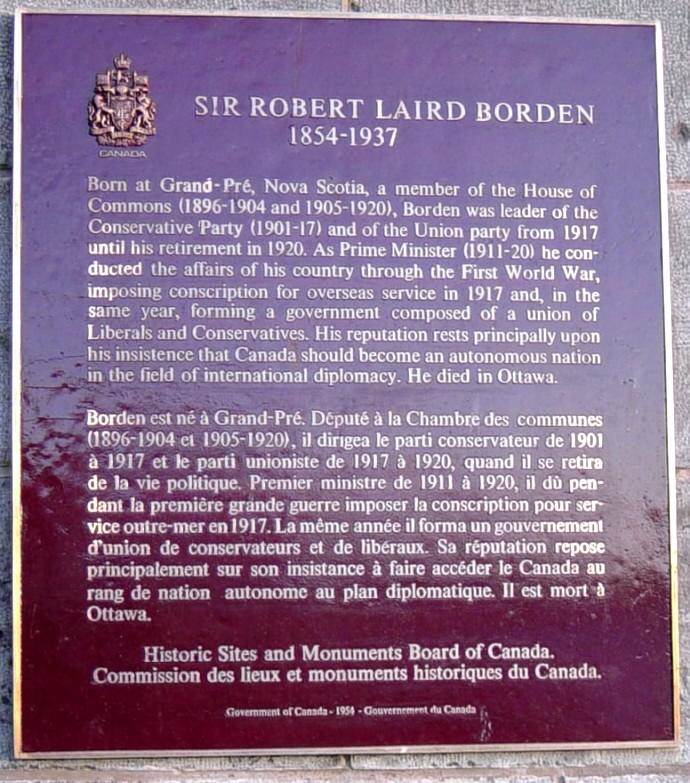 Nova Scotia: Sir Robert Borden plaque, Grand Pre