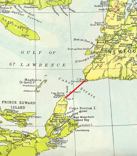 Cabot Strait: map showing location of the 1856 telegraph cable