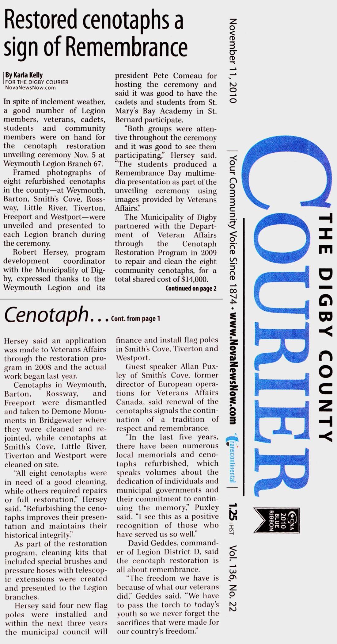 Clipping: Restored Cenotaphs a sign of Remembrance, The Digby County Courier, 11 Nov 2010