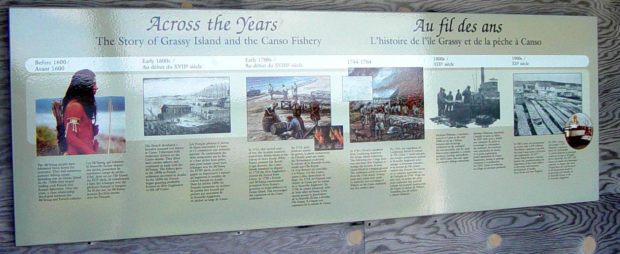 East interpretative panel at Grassy Island landing hut