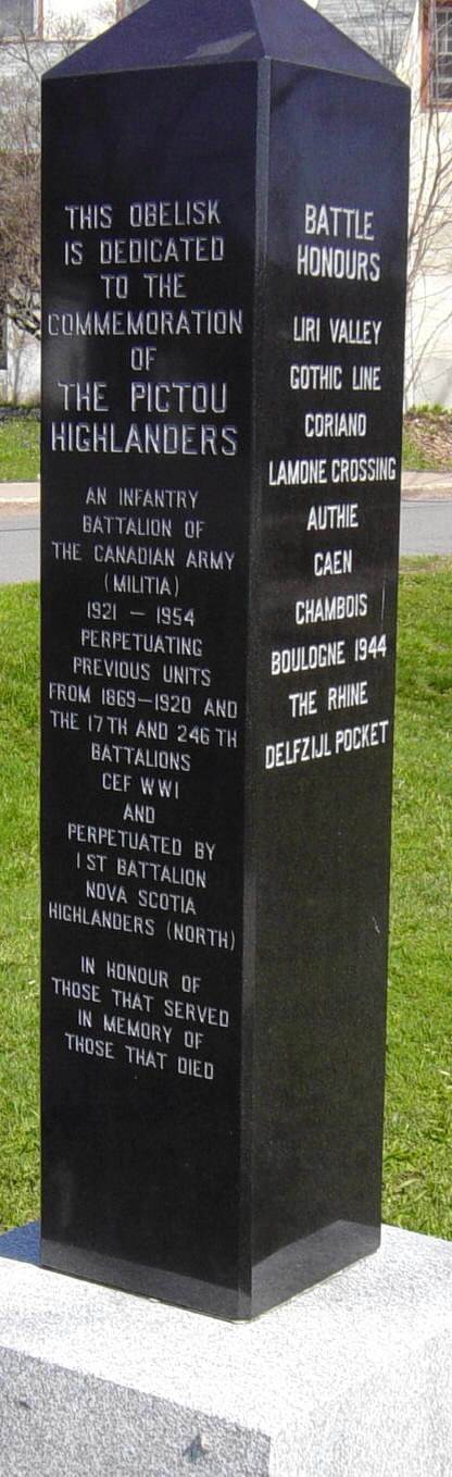 New Glasgow: Pictou Highlanders obelisk, south and east faces