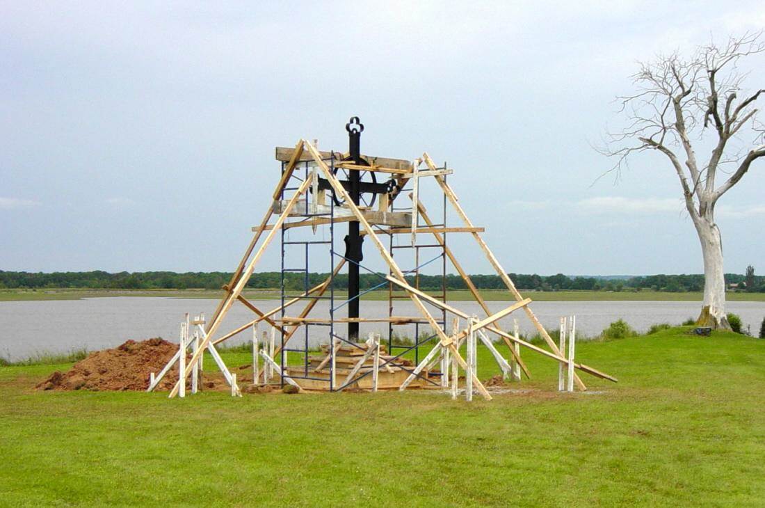 Horton Landing: The Iron Cross being installed at its new location