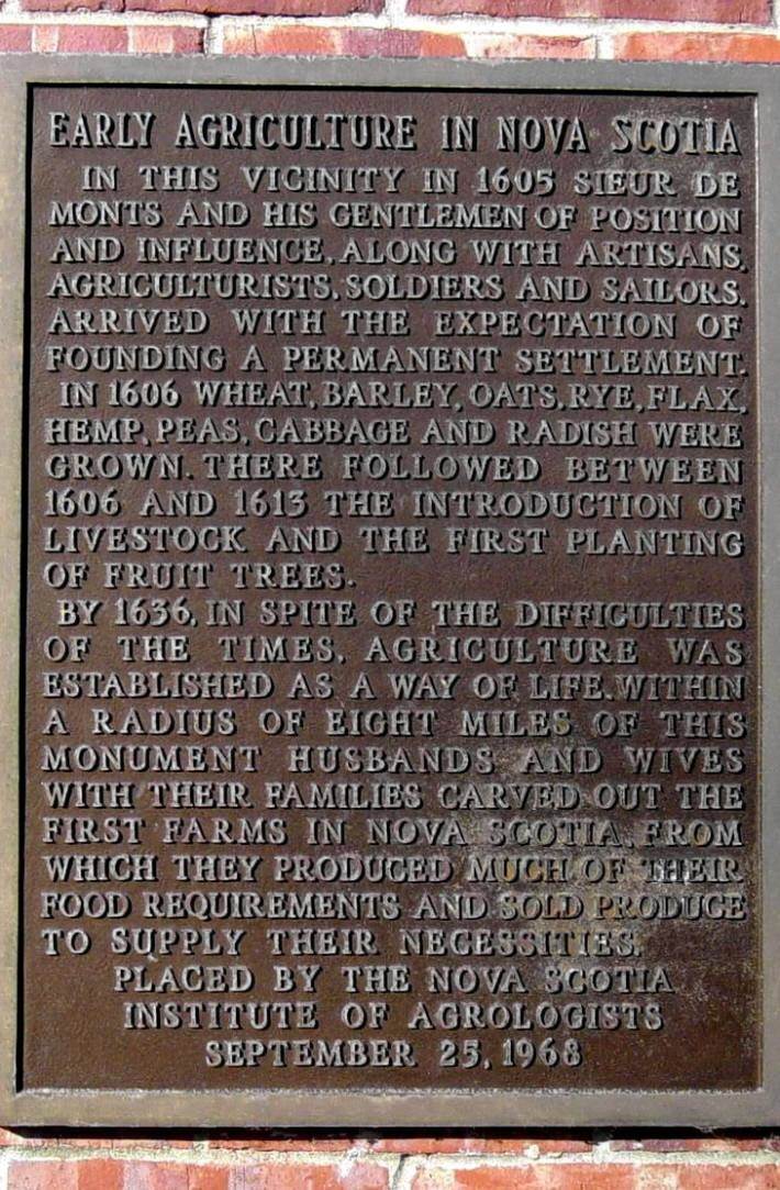 Plaque, 1968: Early Agriculture in Nova Scotia