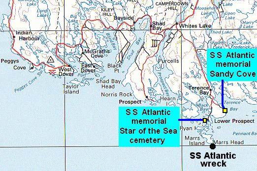 Map showing location of the S.S. Atlantic memorials