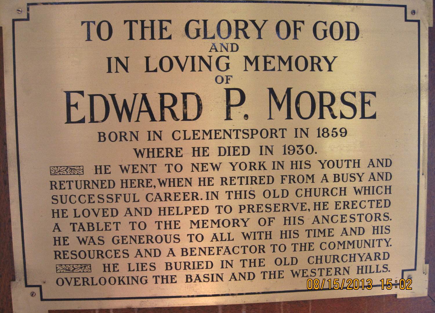 Edward Phinley Morse commemorative plaque at Clementsport, Annapolis County, Nova Scotia