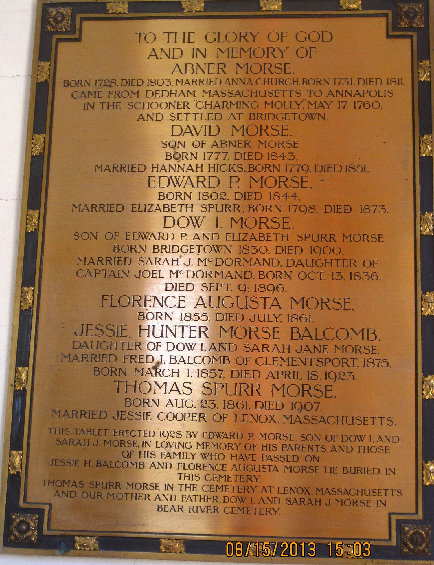 Edward Phinley Morse family commemorative plaque at Clementsport, Annapolis County, Nova Scotia