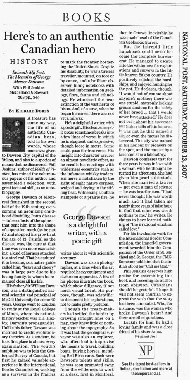 George Mercer Dawson, National Post book review, 13 Oct 2007