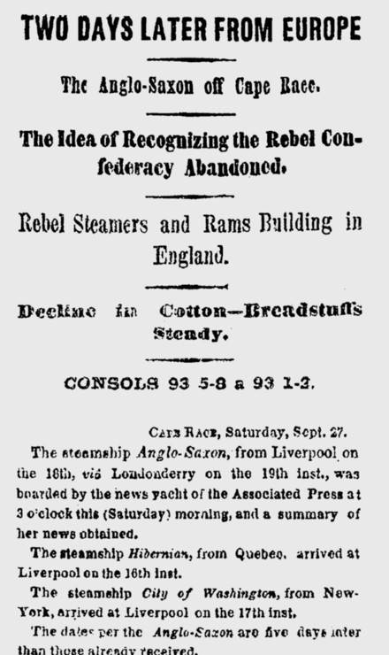 The steamship Anglo-Saxon off Cape Race, New York Times, 28 Sept 1862