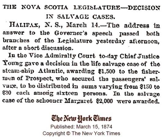 New York Times, March 1874: SS Atlantic salvage decision