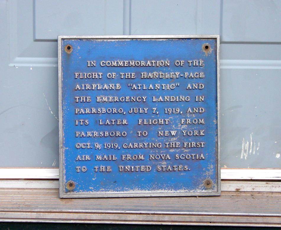 Parrsboro air mail plaque, at the Town Public Works Department