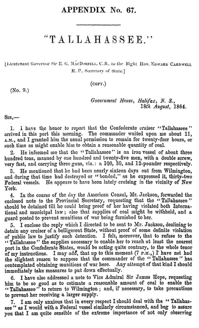 page 1 Appendix 67 – Tallahassee, Journal & Proceedings 1865, Nova Scotia House of Assembly