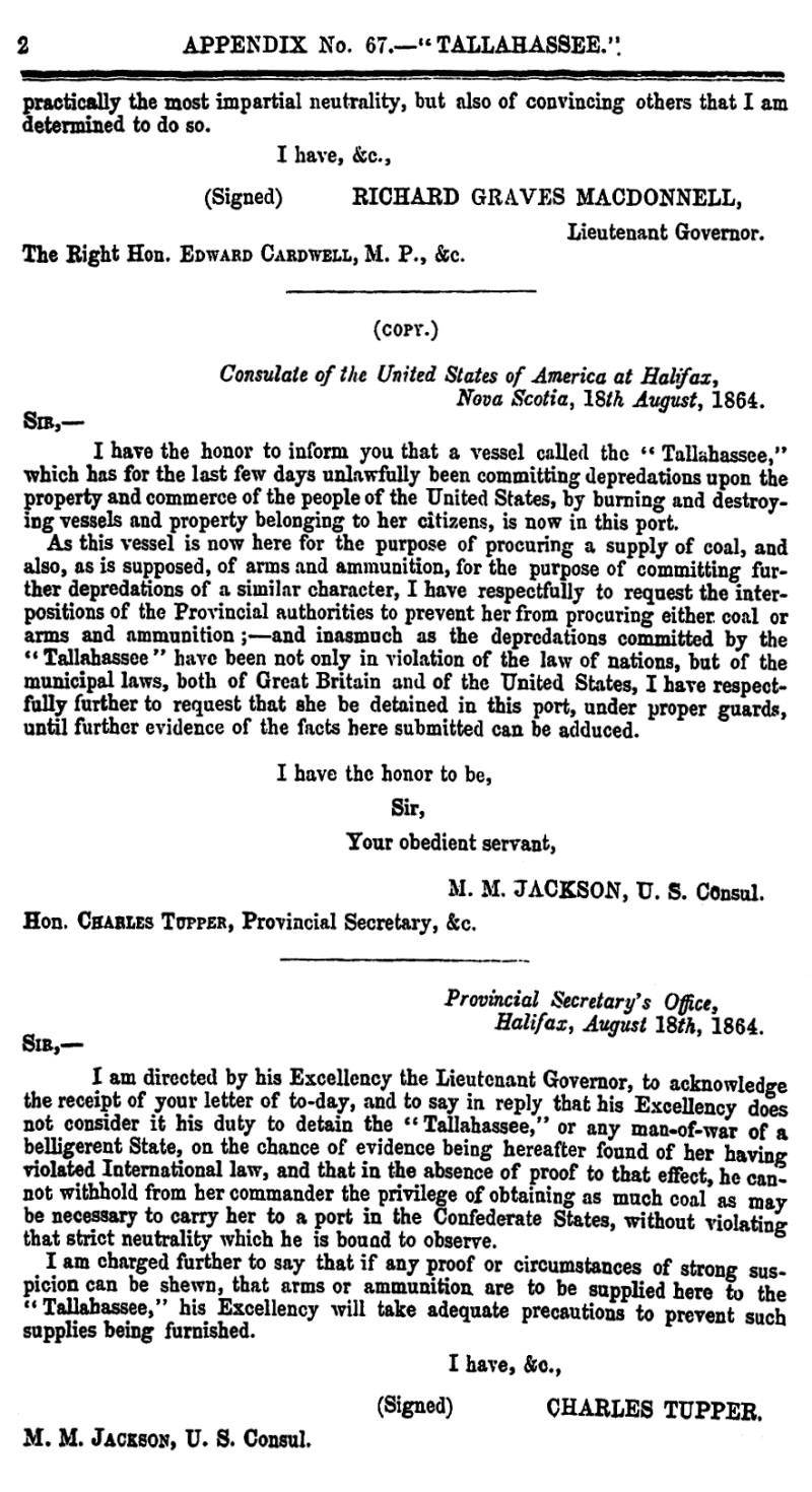 page 2 Appendix 67 – Tallahassee, Journal & Proceedings 1865, Nova Scotia House of Assembly