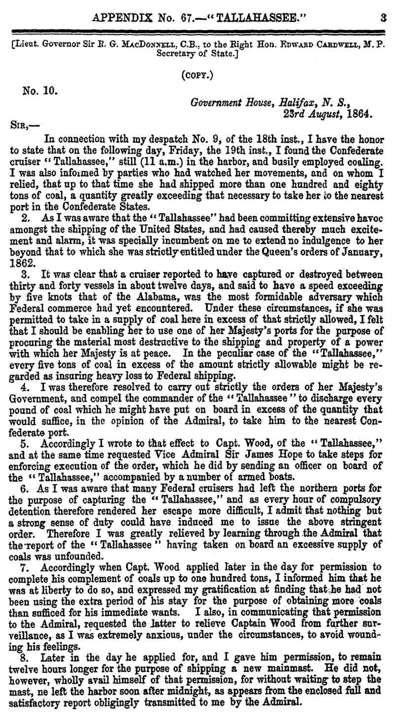page 3 Appendix 67 – Tallahassee, Journal & Proceedings 1865, Nova Scotia House of Assembly