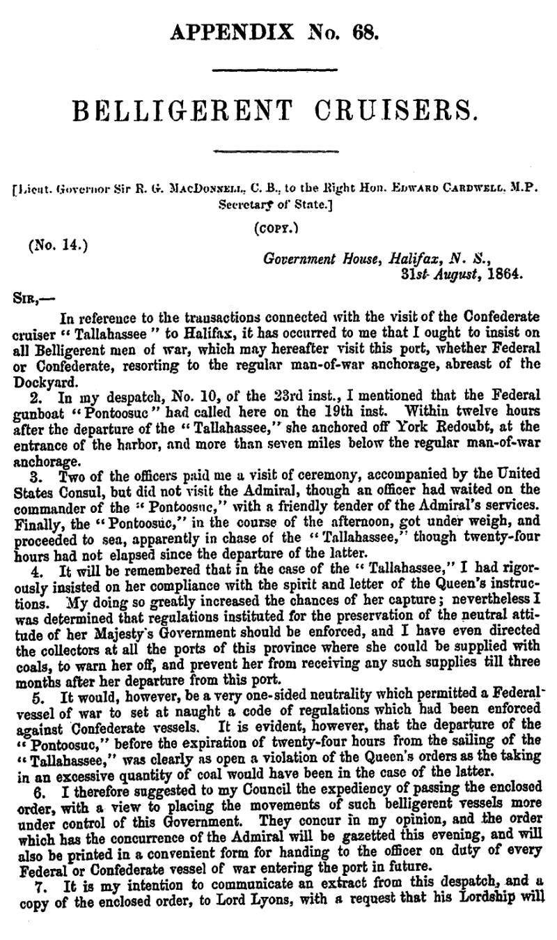 page 1 Appendix 68 – Belligerent Cruisers, Journal & Proceedings 1865, Nova Scotia House of Assembly