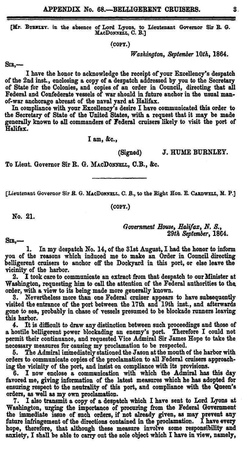 page 3 Appendix 68 – Belligerent Cruisers, Journal & Proceedings 1865, Nova Scotia House of Assembly