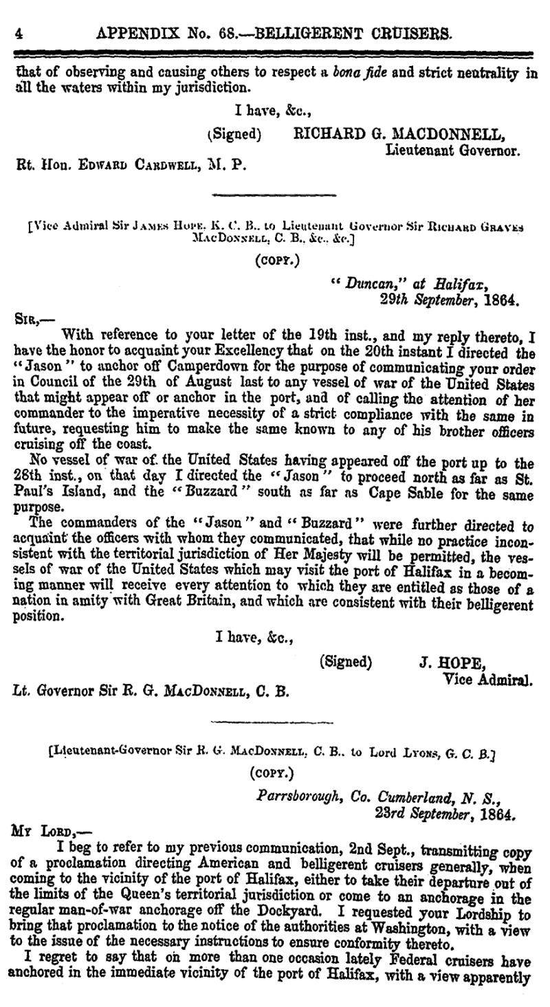 page 4 Appendix 68 – Belligerent Cruisers, Journal & Proceedings 1865, Nova Scotia House of Assembly