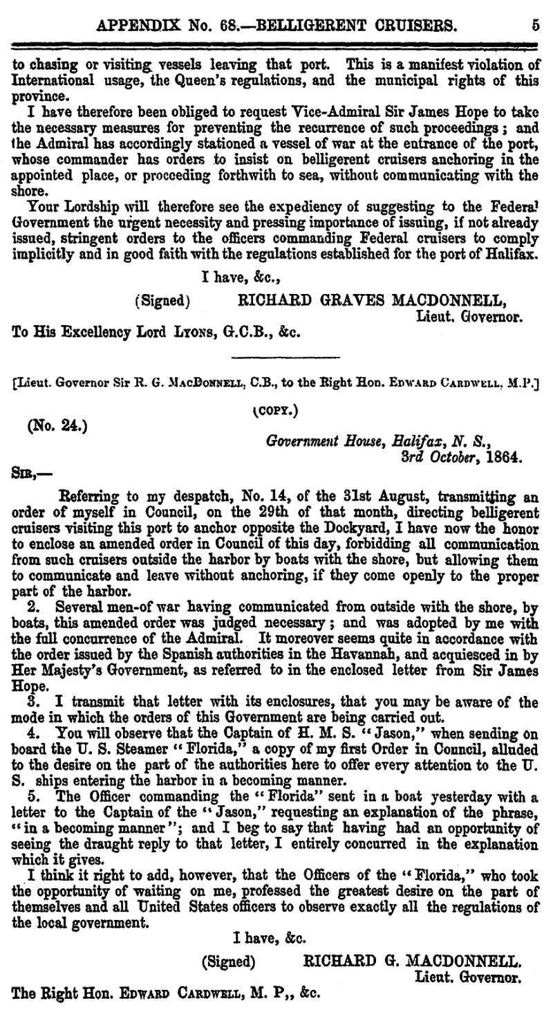 page 5 Appendix 68 – Belligerent Cruisers, Journal & Proceedings 1865, Nova Scotia House of Assembly