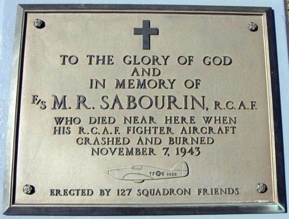 Northwest Cove: Flight Sergeant Sabourin memorial plaque, 1943