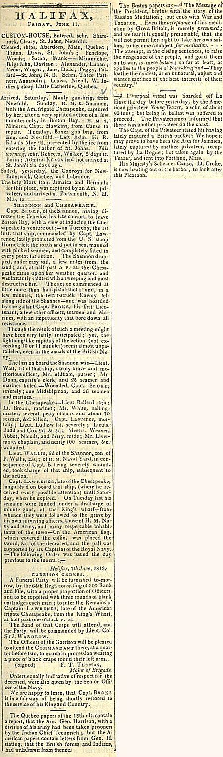 War of 1812: HMS Shannon defeats USS Chesapeake, Halifax Weekly Chronicle, 11 June 1813