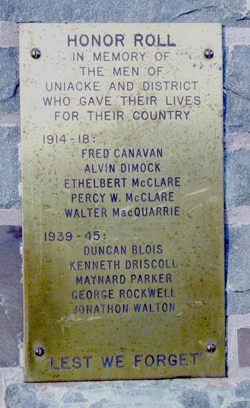 War memorial, Mount Uniacke: plaque, Nov. 2005