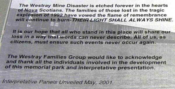 New Glasgow: Westray Miners Memorial, interpretative panel 1