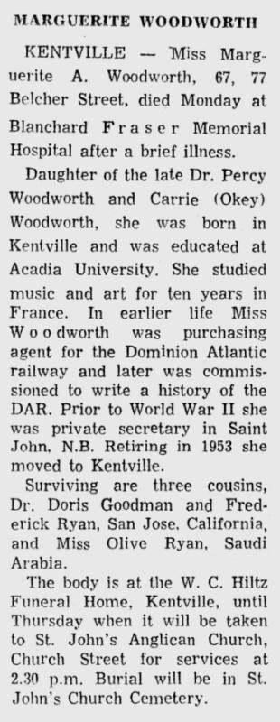 Marguerite Woodworth obituary, 22 January 1967